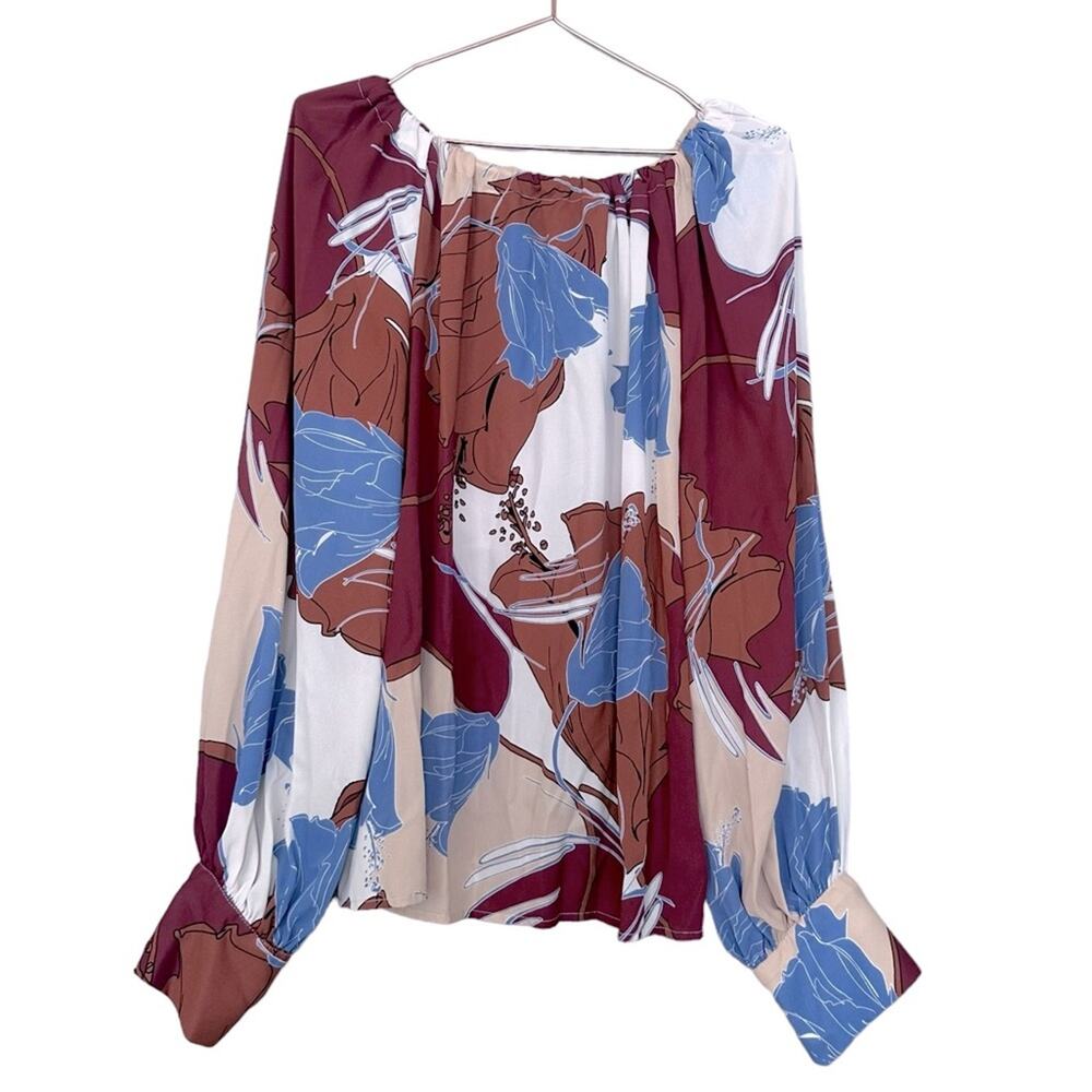 Worthington Brown Abstract Floral Balloon Sleeve Blouse